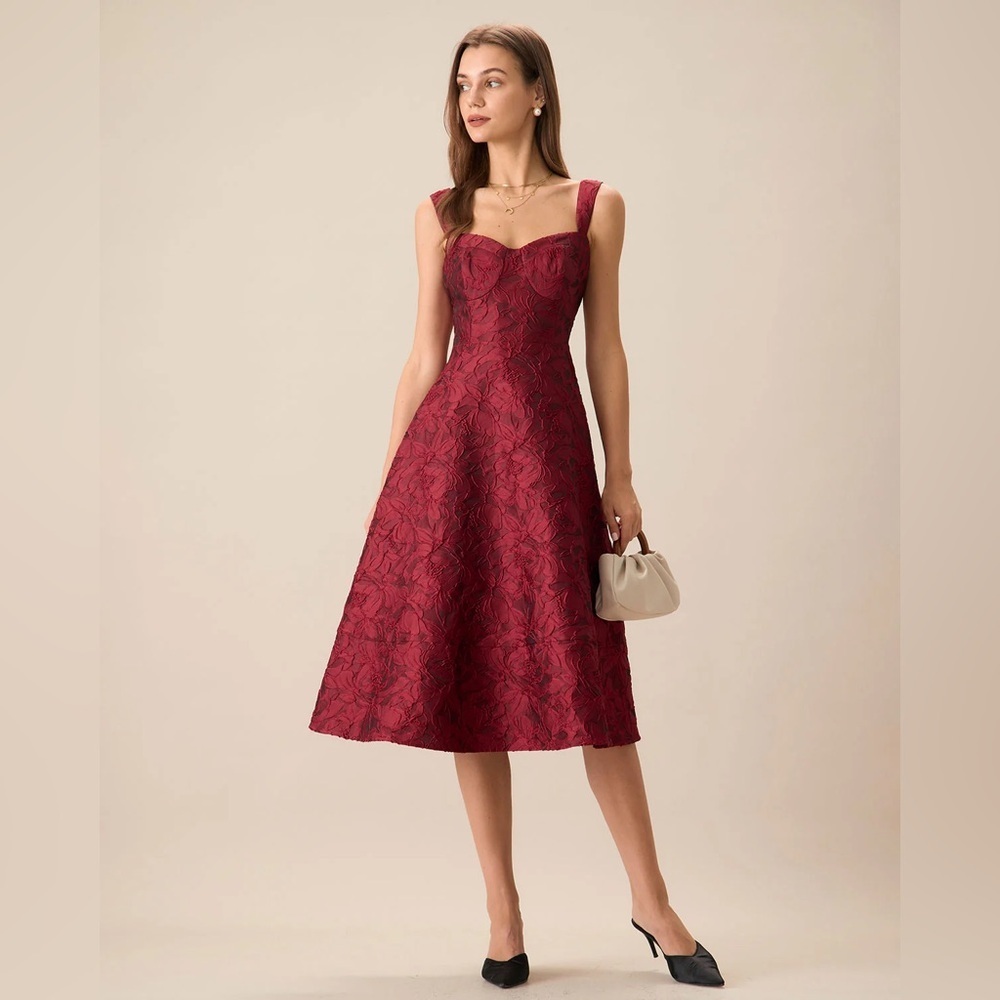 RIHOAS The Red Sweetheart Neck Jacquard Midi Dress M
